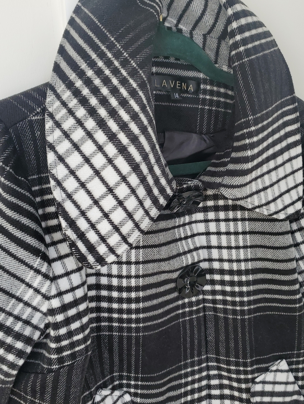 Lavena- Wool 45% Sz.14 Black & White Check Plaid Crop Coat - Picture 2 of 8